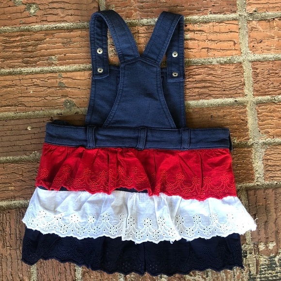 Lightning Bug Baby Denim Jumper Tiered Red White & Blue Eyelet Ruffles 18 Months - Picture 2 of 6
